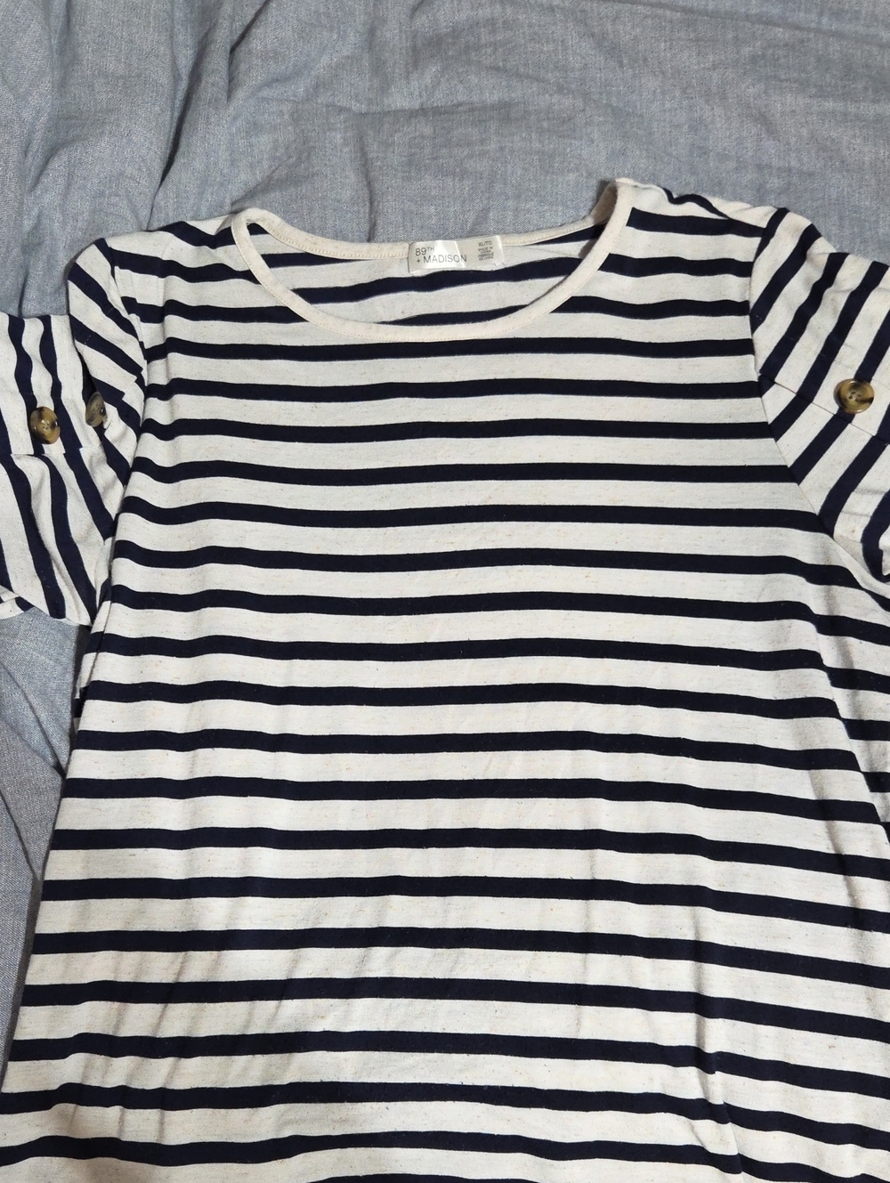 89th & Madison Navy/White Striped Short Sleeve Button-Tab Tee